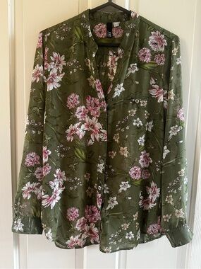 KUT From The Kloth Olive Green Floral Sheer Button Down Blouse Size Small